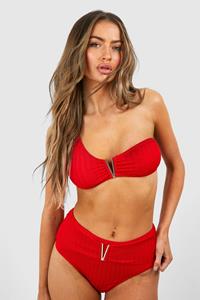 Boohoo Trim Detail Textured One Shoulder Bikini Set, Red