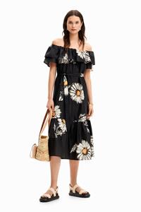 Desigual Midi-jurk ruches madeliefjes - BLACK