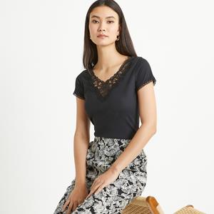 ANNE WEYBURN T-shirt met V-hals, guipure detail, korte mouwen