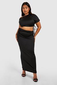 Boohoo Plus Geplooide Crop Top Met Gedrapeerde Schouders En Maxi Rok, Black