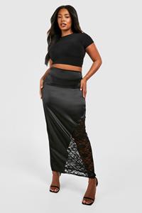 Boohoo Plus Lace Insert Satin Maxi Skirt, Black