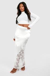 Boohoo Plus Lace Insert Satin Maxi Skirt, White