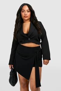 Boohoo Plus Geribbeld Mini Wikkelrokje Met Ceintuur, Black