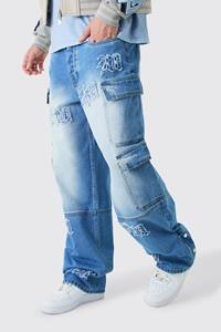 Boohoo Baggy Rigid Bm Applique Multi Pocket Cargo Jeans, Light Blue
