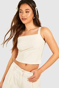 Boohoo Pinstripe Drape Shoulder Square Neck Top, Sand