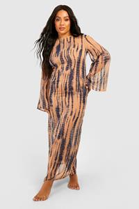 Boohoo Plus Tie Dye Strand Jurk Met Print En Wijde Mouwen, Brown