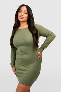 Boohoo Plus Geribbelde Jurk Met Rug Strik En Wijde Mouwen, Khaki