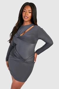 Boohoo Plus Knot Detail Long Sleeve Slinky Mini Dress, Charcoal