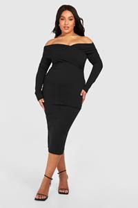 Boohoo Plus Geplooide Midi Jurk Met Uitgesneden Hals, Black