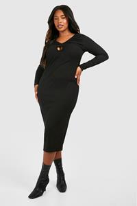 Boohoo Plus Geribbelde Sleutelgat Midi Jurk Met Lange Mouwen, Black