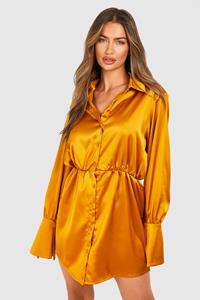 Boohoo Satin Shoulder Pad Mini Shirt Dress, Gold
