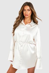 Boohoo Satin Shoulder Pad Mini Shirt Dress, Champagne