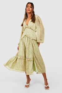 Boohoo Bloemen Midi Jurk Met Taille Detail, Pale Green