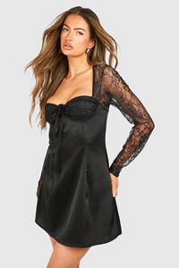 Boohoo Satijnen Mini Jurk Met Kanten Mouwen, Black