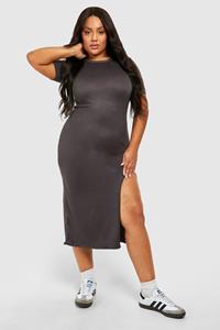 Boohoo Plus Super Zachte Jersey Midaxi Jurk Met Split En Col, Grey Marl