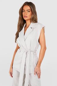 Boohoo Linen Look Tie Waist Relaxed Fit Sleeveless Blazer, Taupe