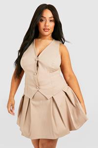 Boohoo Plus Geplooide Tennis Rok Met Krijtstrepen, Stone