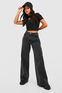Boohoo Petite Basic Wide Leg Jeans, Washed Black
