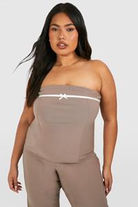 Boohoo Plus Bow Detail Fold Over Bandeau Top, Taupe