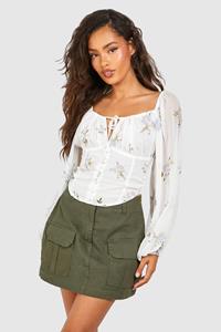 Boohoo Bloemen Crop Top Met Korset Detail, White
