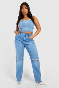 Boohoo Plus Light Wash Ripped Mom Jeans, Light Wash