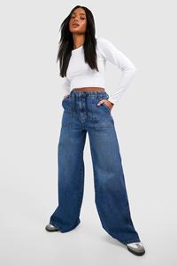 Boohoo Wide Leg Jeans Met Elastische Tailleband, Mid Blue