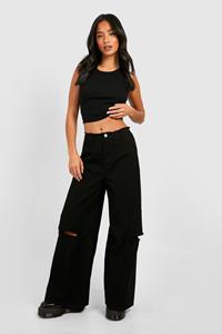 Boohoo Petite Gebleekte Low Rise Wide Leg Jeans, Washed Black