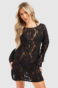 Boohoo Gehaakte Mini Strand Jurk Met Open Rug, Black