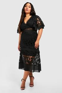Boohoo Plus Premium V Neck Tiered Lace Dress, Black
