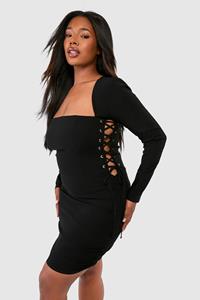 Boohoo Plus Bengaline Lace Up Square Neck Corset Bodycon Dress, Black