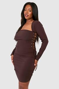 Boohoo Plus Bengaline Corset Bodycon Jurk Met Veters En Vierkante Hals, Chocolate