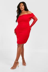 Boohoo Plus Geplooide Dobby Bodycon Jurk Met Mesh Mouwen, Red