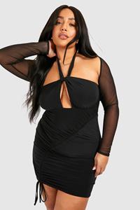 Boohoo Plus Strakke Bodycon Jurk Met Dubbele Mesh Mouwen, Black