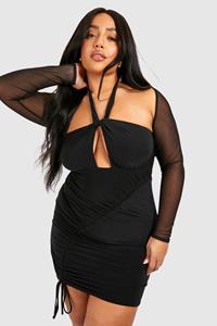 Boohoo Plus Mesh Sleeve Double Slinky Bodycon Dress, Black