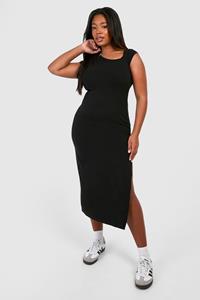 Boohoo Plus Geplooide Asymmetrische Midaxi Jurk Met Kapmouwen, Black