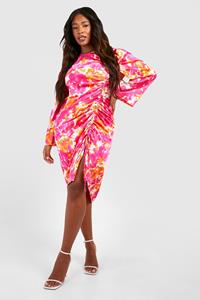 Boohoo Plus Geweven Geplooide Bloemen Midi Jurk, Pink