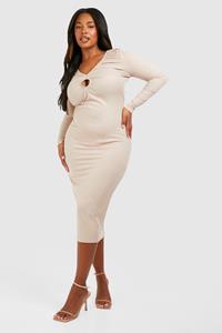 Boohoo Plus Geribbelde Sleutelgat Midi Jurk Met Lange Mouwen, Stone