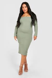 Boohoo Plus Bengaline Midi Jurk Met Vierkante Hals, Khaki