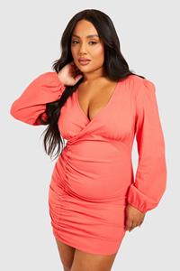 Boohoo Plus Geplooide Bengaline Mini Jurk, Red