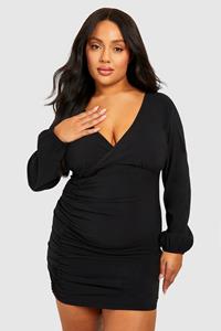 Boohoo Plus Geplooide Bengaline Mini Jurk, Black