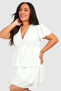 Boohoo Plus Geweven Skater Jurk Met Textuur En Ruches, White