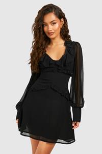 Boohoo Chiffon Skater Jurk Met Ruches, Black