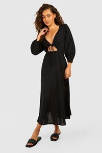 Boohoo Linnen Midaxi Jurk Met Strik En Pofmouwen, Black