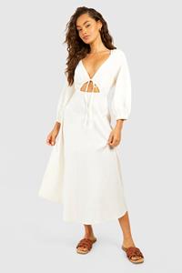 Boohoo Linnen Midaxi Jurk Met Strik En Pofmouwen, Stone