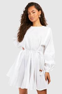 Boohoo Cotton Long Sleeve Godet Mini Dress, White