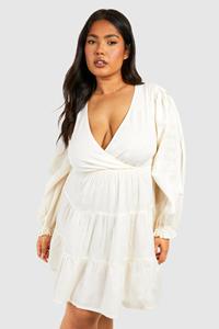 Boohoo Plus Linnen Mini Jurk Met Laag Decolleté En Laagjes, Stone
