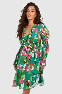 Boohoo Floral Dobby Plunge Puff Sleeve Midaxi Dress, Green