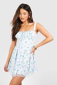 Boohoo Ditsy Floral Strappy Milkmaid Mini Dress, Blue