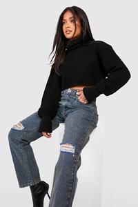 Boohoo Petite Basic Gescheurde Jeans Met Rechte Pijpen, Vintage Wash