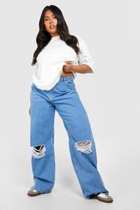 Boohoo Plus Gescheurde Acid Wash Gebleekte Wide Leg Jeans, Light Blue